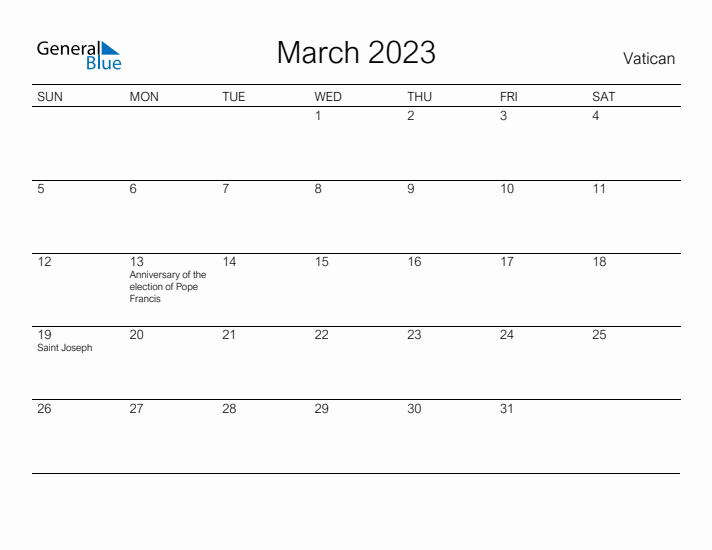 Printable March 2023 Calendar for Vatican