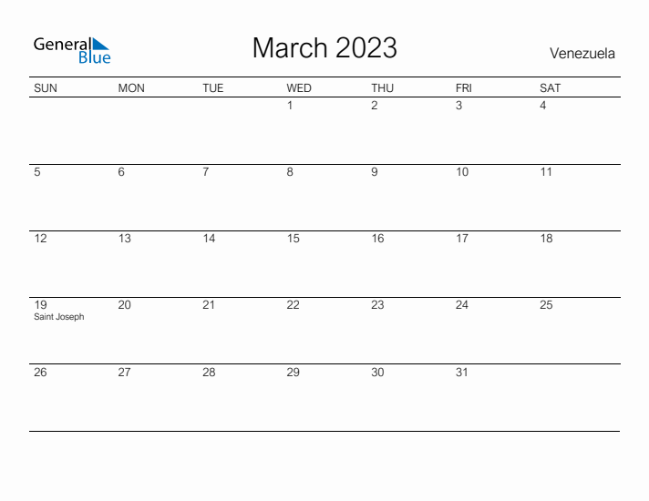 Printable March 2023 Calendar for Venezuela