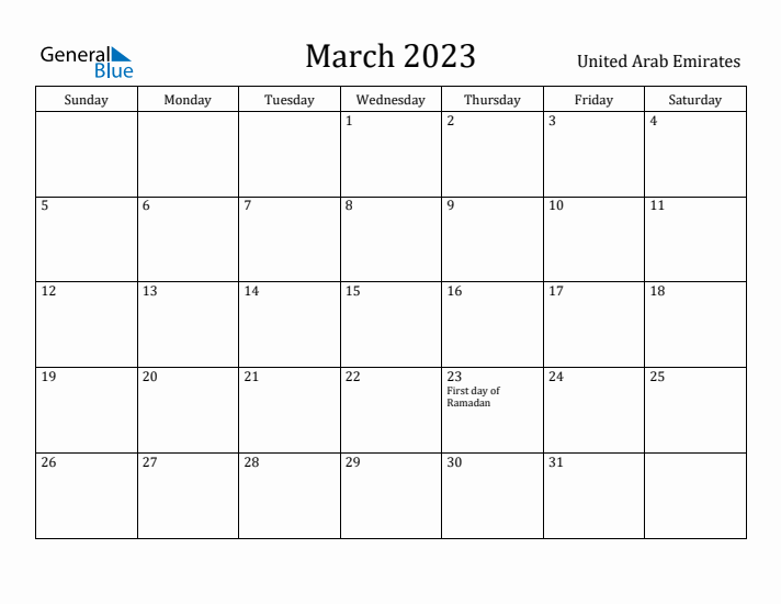 March 2023 Calendar United Arab Emirates