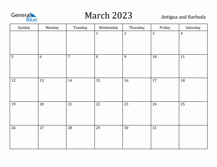 March 2023 Calendar Antigua and Barbuda