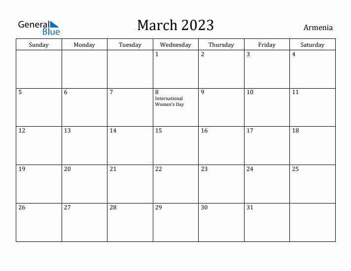 March 2023 Calendar Armenia