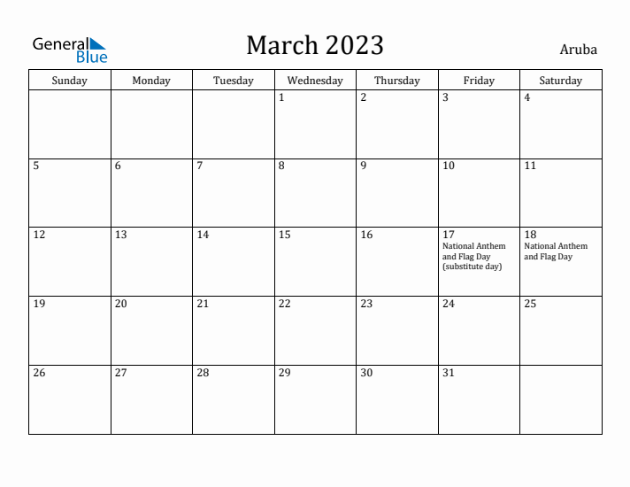 March 2023 Calendar Aruba