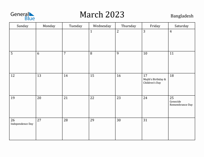 March 2023 Calendar Bangladesh