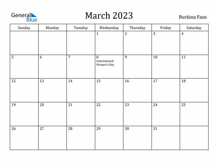 March 2023 Calendar Burkina Faso