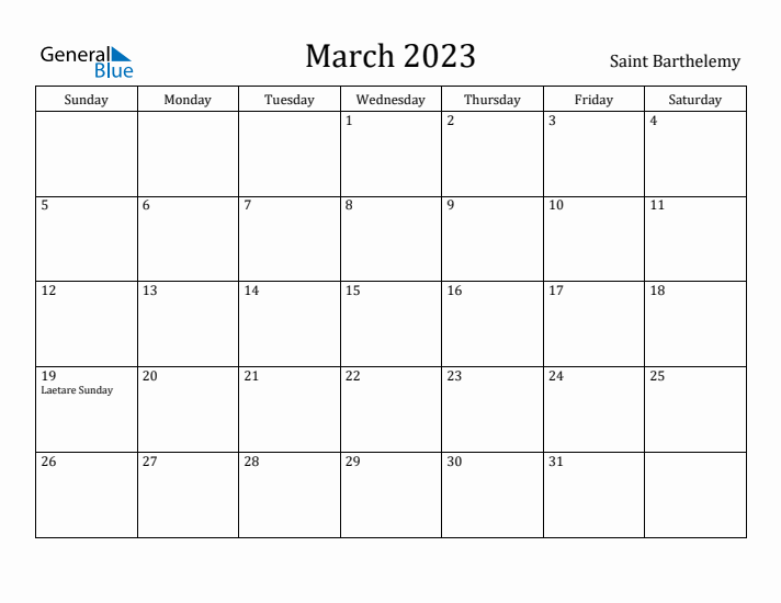 March 2023 Calendar Saint Barthelemy