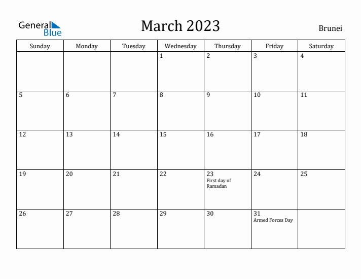 March 2023 Calendar Brunei