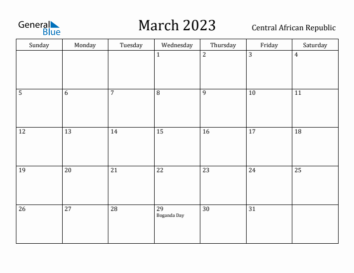 March 2023 Calendar Central African Republic