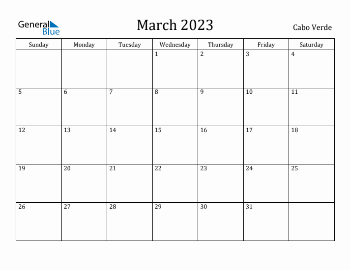 March 2023 Calendar Cabo Verde