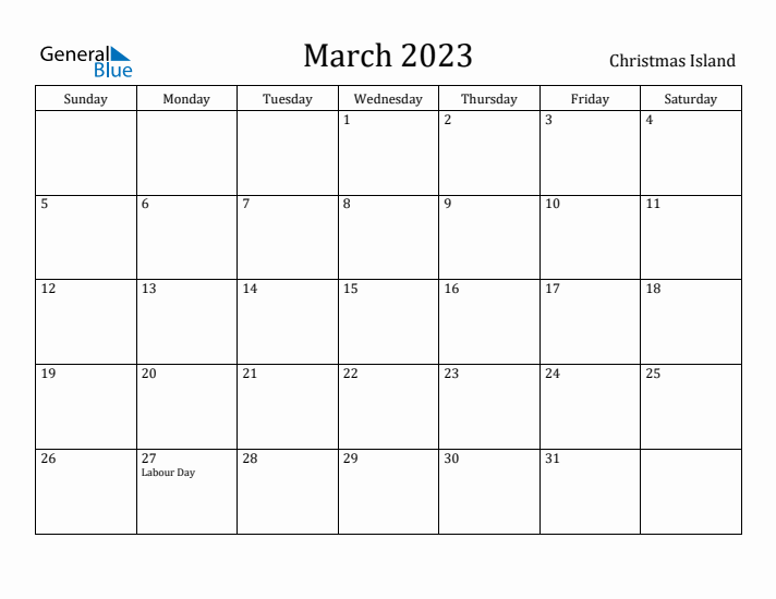 March 2023 Calendar Christmas Island