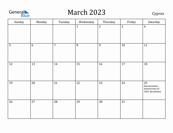 March 2023 Calendar Cyprus