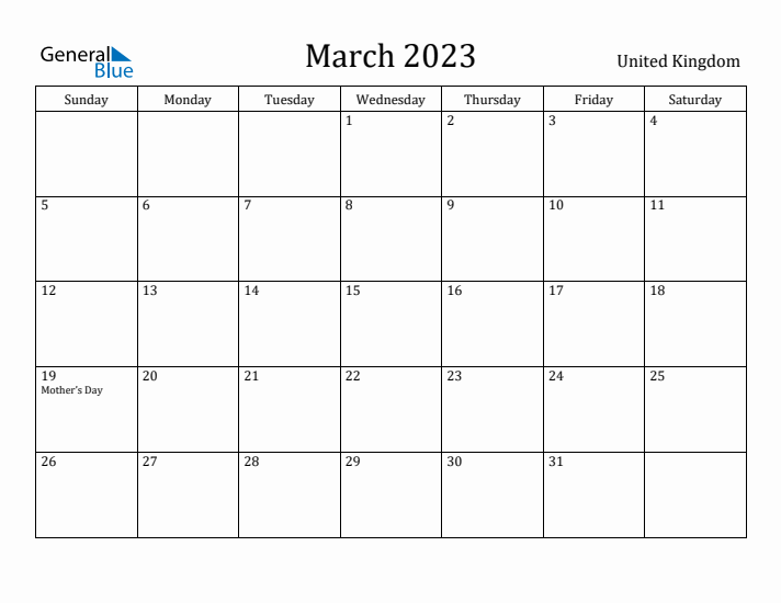 March 2023 Calendar United Kingdom