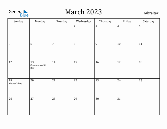 March 2023 Calendar Gibraltar