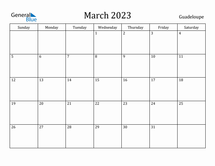 March 2023 Calendar Guadeloupe