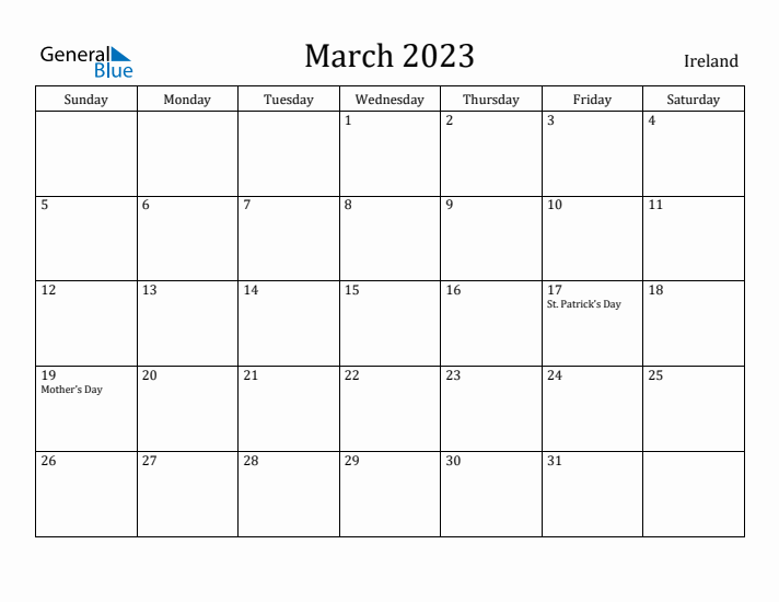March 2023 Calendar Ireland