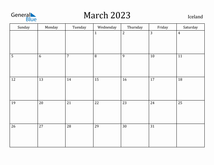 March 2023 Calendar Iceland
