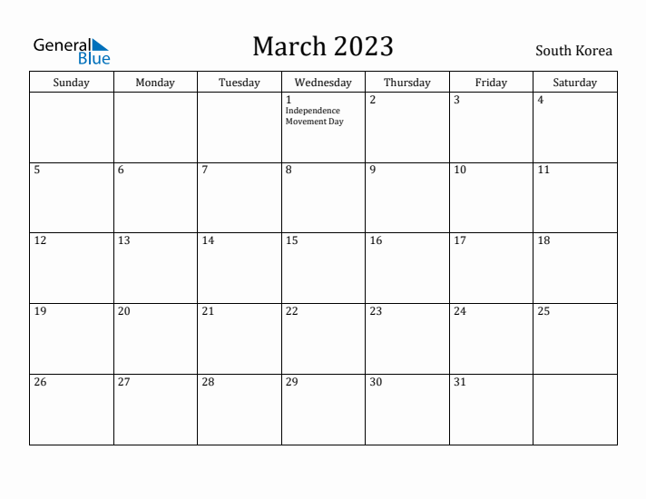 March 2023 Calendar South Korea