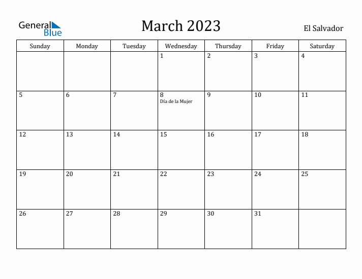 March 2023 Calendar El Salvador