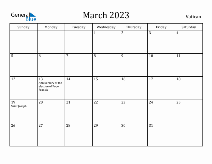 March 2023 Calendar Vatican