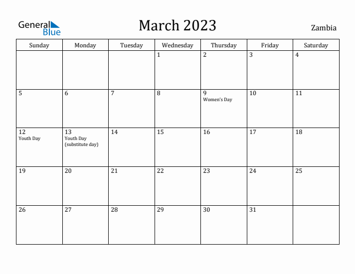 March 2023 Calendar Zambia
