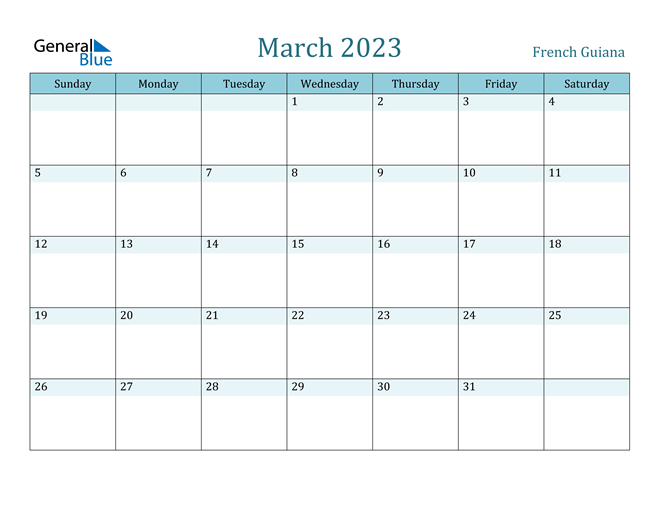 French Guiana March 2023 Calendar with Holidays