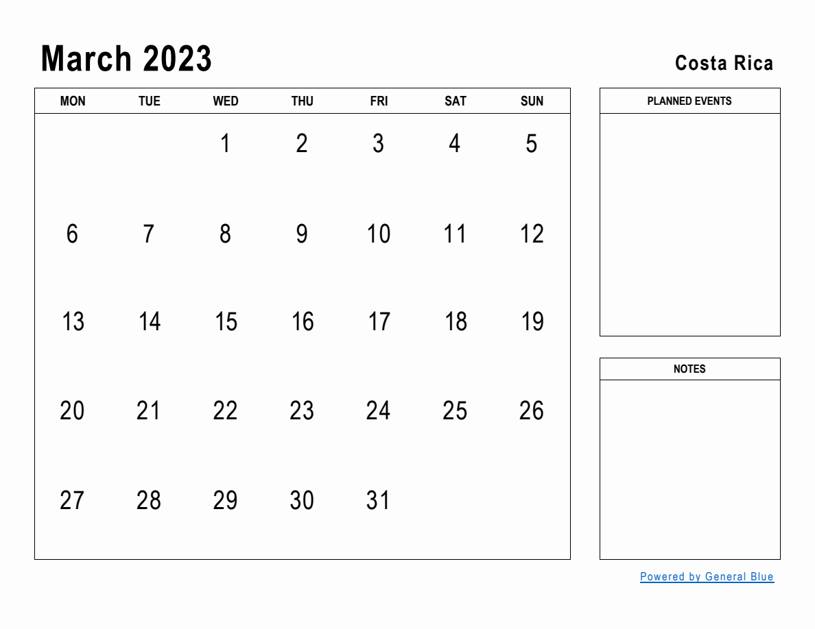 March 2023 Planner with Costa Rica Holidays
