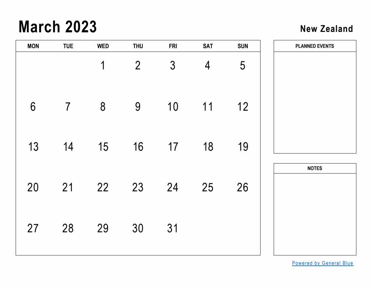 March 2023 Planner with New Zealand Holidays