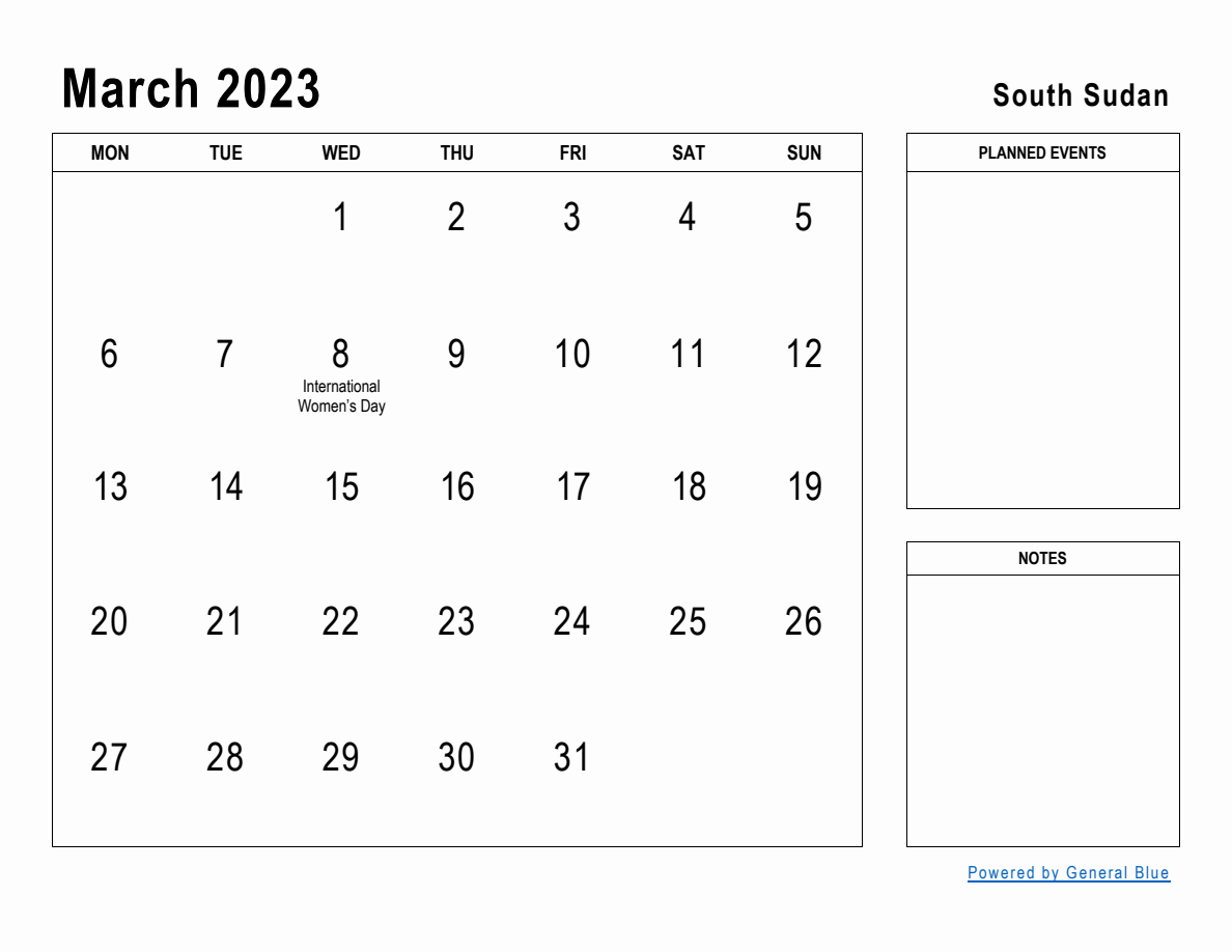 March 2023 Planner with South Sudan Holidays
