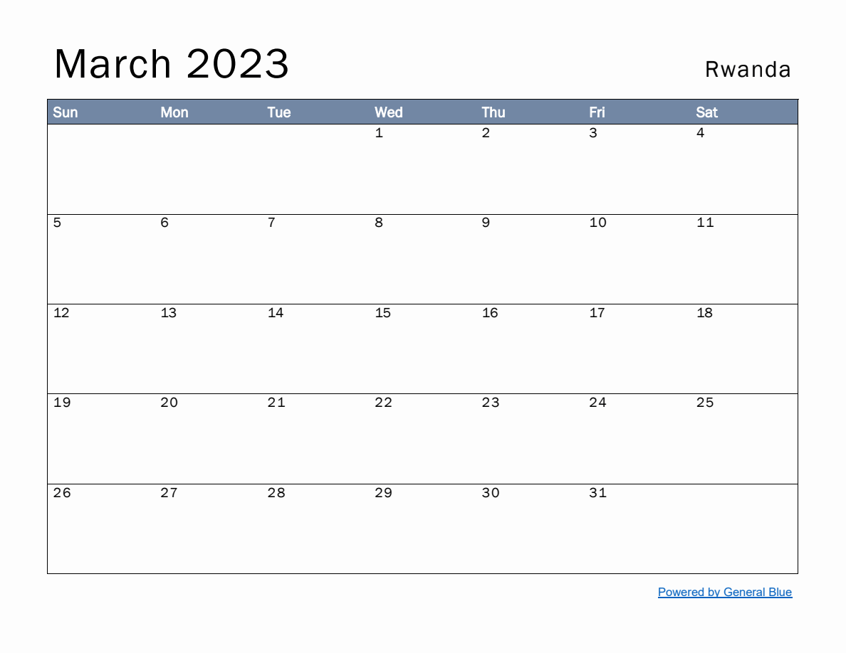 Free Monthly Calendar Template for March 2023 with Rwanda Holidays