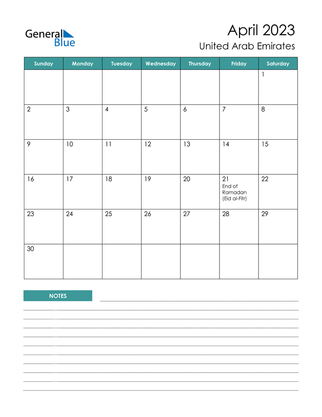 April 2023 Calendar with United Arab Emirates Holidays