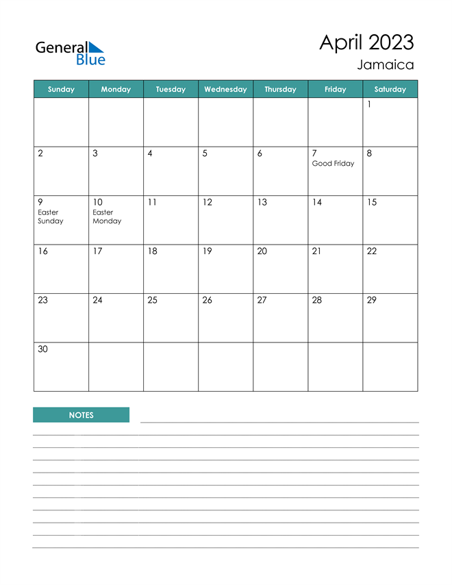 April 2023 Calendar with Jamaica Holidays
