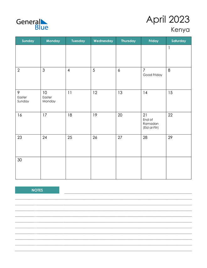 April 2023 Calendar with Kenya Holidays