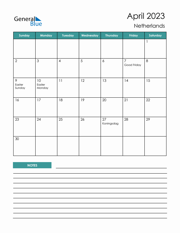 April 2023 Monthly Calendar with Netherlands Holidays