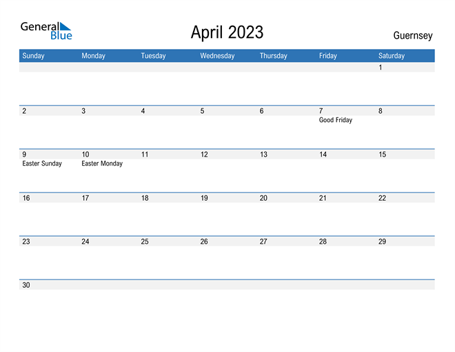 April 2023 Calendar with Guernsey Holidays