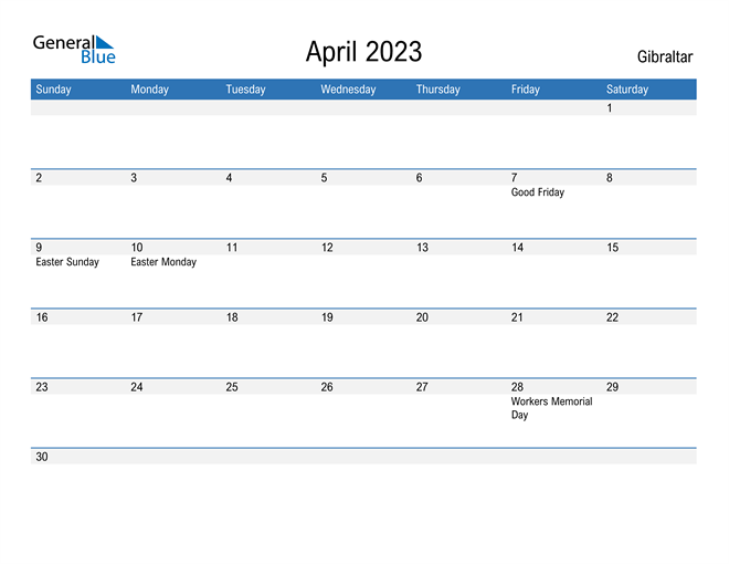 April 2023 Calendar with Gibraltar Holidays