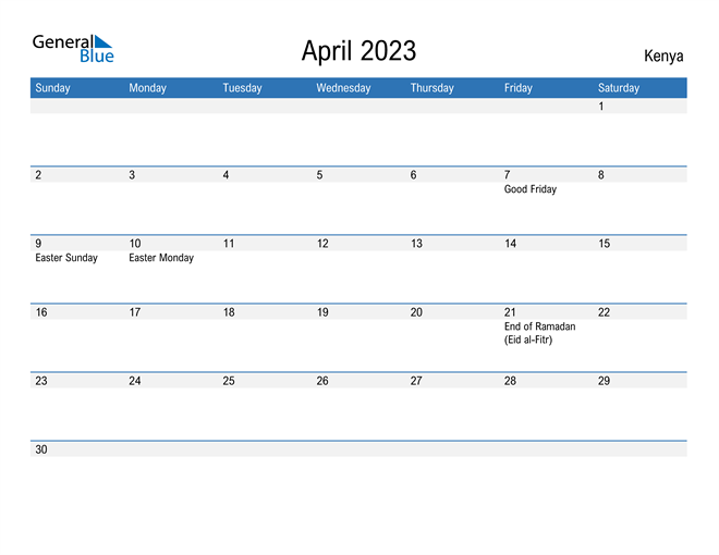 April 2023 Calendar with Kenya Holidays