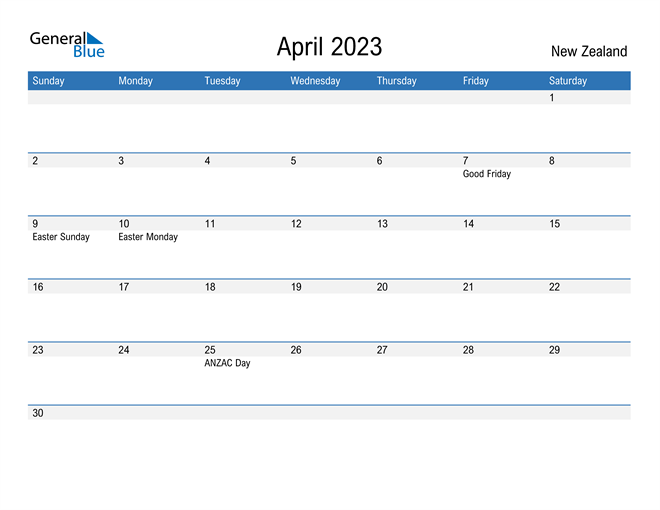 New Zealand April 2023 Calendar with Holidays