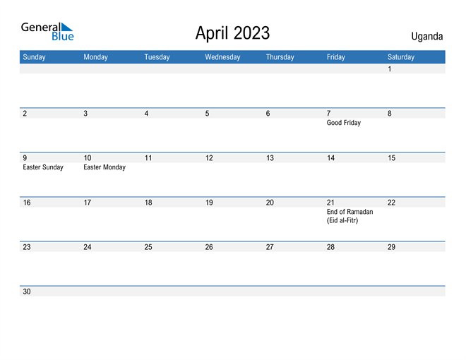 Uganda April 2023 Calendar with Holidays