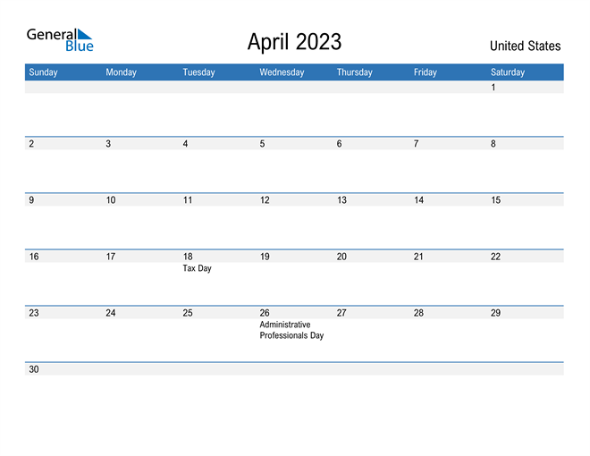 April 2023 Calendar with United States Holidays