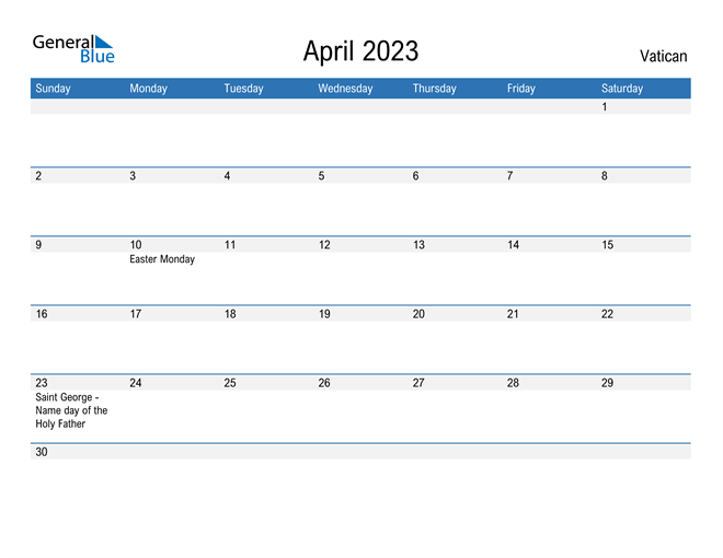 April 2023 Calendar with Vatican Holidays