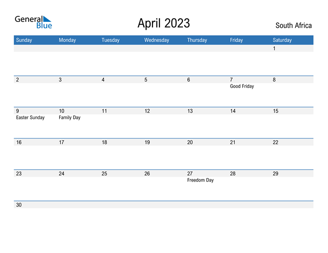 April 2023 Calendar with South Africa Holidays