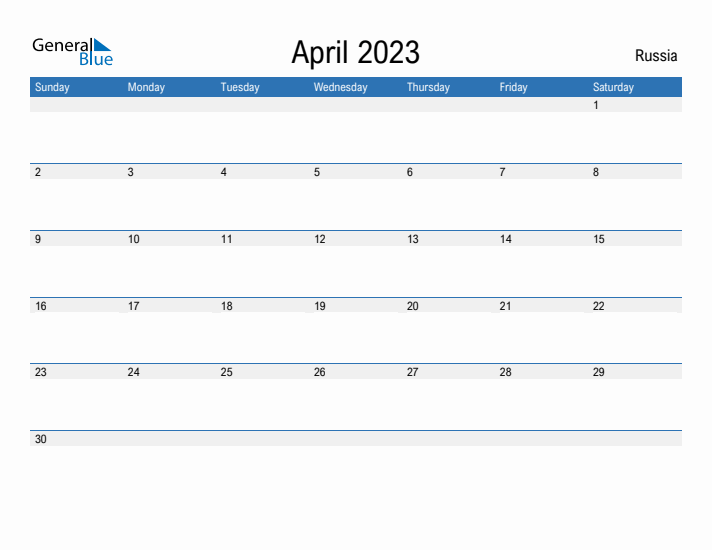 April 2023 Monthly Calendar with Russia Holidays