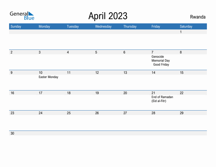 April 2023 Monthly Calendar with Rwanda Holidays