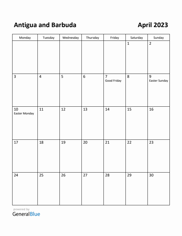 April 2023 Calendar with Antigua and Barbuda Holidays