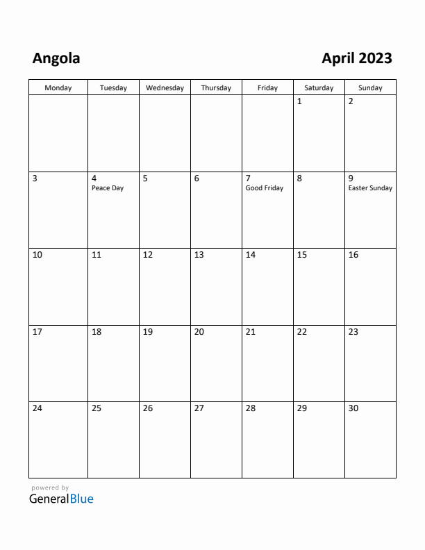 April 2023 Calendar with Angola Holidays