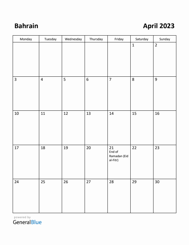 April 2023 Calendar with Bahrain Holidays