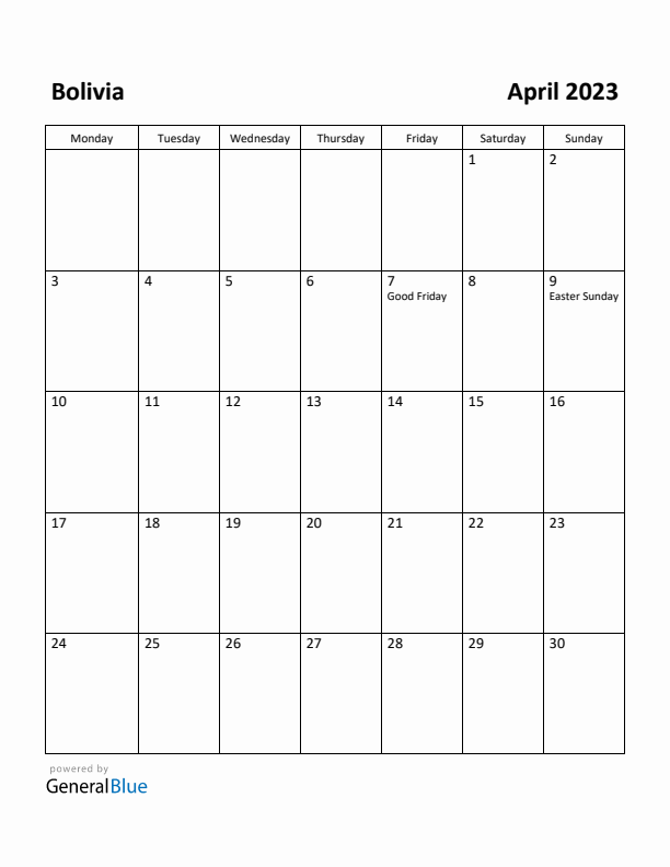 April 2023 Calendar with Bolivia Holidays