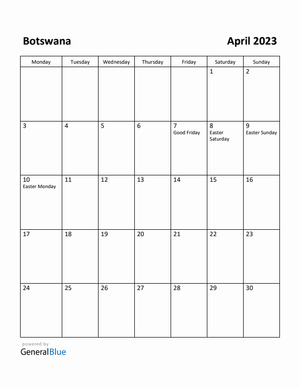 April 2023 Calendar with Botswana Holidays