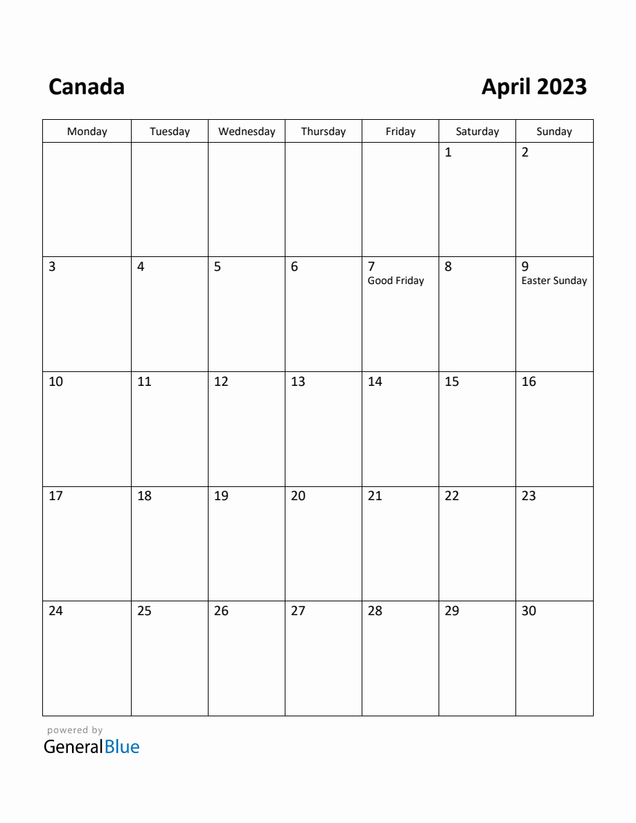 Free Printable April 2023 Calendar for Canada