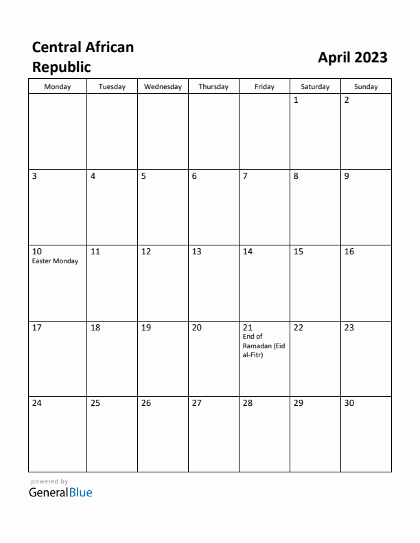 April 2023 Calendar with Central African Republic Holidays