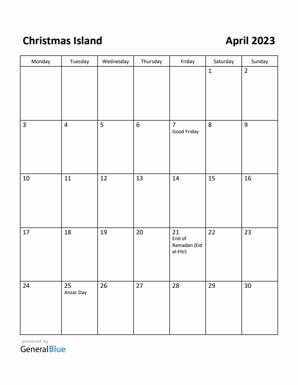 April 2023 Calendar with Christmas Island Holidays
